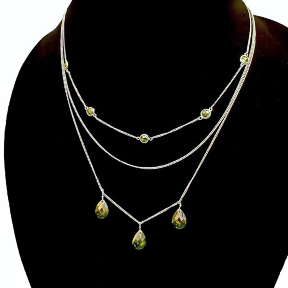 Silver Tone 3 Tier Adjustable Necklace with Green Peridot Gemstones
